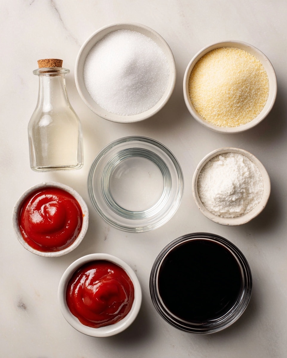 The image shows seven small white bowls and a glass bottle placed on a white marbled surface, each filled with different ingredients. At the top center is a bowl of white granulated sugar, and next to it on the right is a bowl full of light yellow granulated powder. To the left of the sugar bowl is a small clear glass bottle filled with a pale liquid. In the middle, there is a clear glass bowl with water. Below it is a white bowl filled with grated white powder. To the lower left is a bowl with bright red ketchup, and to the lower right is a bowl filled with a very dark, almost black, thick liquid. The arrangement is neat and evenly spaced, with each ingredient clearly visible. Photo taken with an iphone --ar 4:5 --v 7