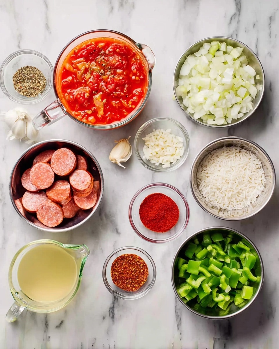 A white marbled surface holds several small bowls and glass measuring cups arranged neatly. In the top left, a glass measuring cup contains a bright red tomato-based sauce with visible chunks and seasonings. Next to it, a small clear bowl is filled with finely chopped garlic. To the right, a metal bowl holds small white chopped onions, and beside it another metal bowl is filled with green bell pepper pieces. Below is a metal bowl with slices of reddish-brown sausage, round and stacked. On the left bottom side, a glass measuring cup contains a pale yellow liquid broth, and in a metal bowl next to it is raw white rice. In the center, a small clear bowl contains bright red paprika or chili powder. To the right, a white bowl holds green sliced scallions, and two small clear bowls contain reddish spice and mixed pepper. All items are set on the white marbled surface. photo taken with an iphone --ar 4:5 --v 7