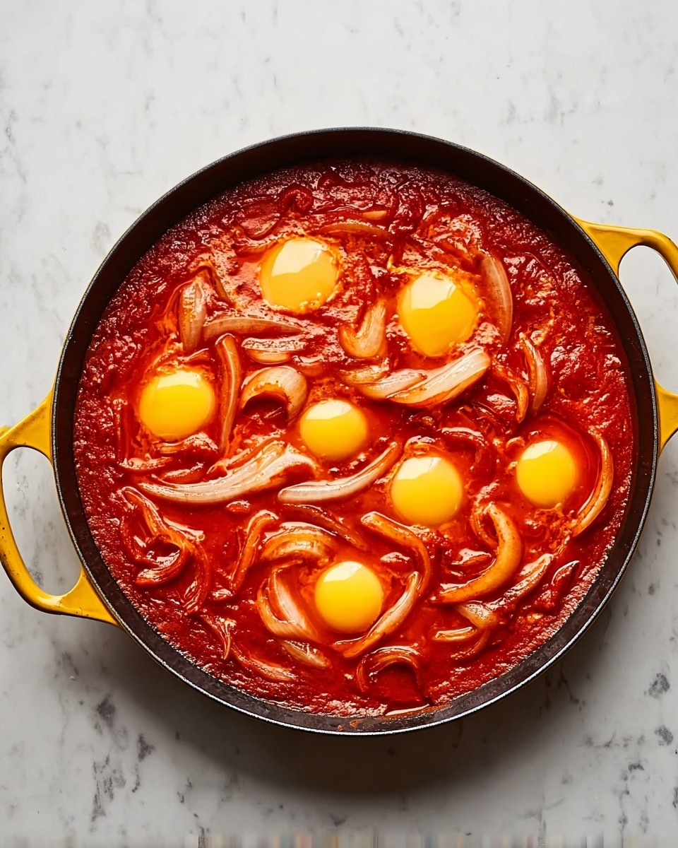 A round black pan with a yellow handle and side handle is filled with a bright red tomato sauce base. Inside the sauce, there are several curved slices of cooked onions creating a textured layer across the pan. On top of this, there are five whole raw eggs evenly placed, showing yellow yolks and clear egg whites blending into the sauce. The pan is placed on a white marbled surface, with the shiny, rich sauce contrasting against the pan and lighter background. photo taken with an iphone --ar 4:5 --v 7