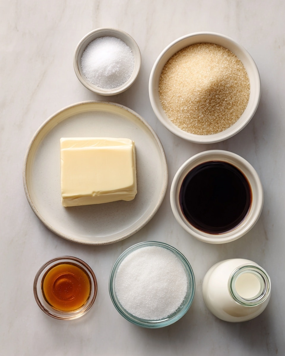 Seven small white bowls and a clear glass bottle are arranged on a white marbled surface, each holding different ingredients. Starting from the top left, a small white bowl holds fine white granulated sugar, next to it on the right, a larger white bowl is filled with light brown sugar crystals. Below the white sugar bowl, a white plate holds a rectangular block of pale yellow butter with a smooth surface and a slight cut in the middle. To the right of the butter, a white bowl contains a dark brown liquid with a glossy surface. Below that, a white bowl is filled with fine white sugar. To the bottom left, a small clear glass bowl contains a small amount of amber-colored syrup. Above that, a clear glass bottle is filled with white milk, seen from the top. All items are neatly placed with soft lighting, emphasizing their textures and colors. Photo taken with an iphone --ar 4:5 --v 7