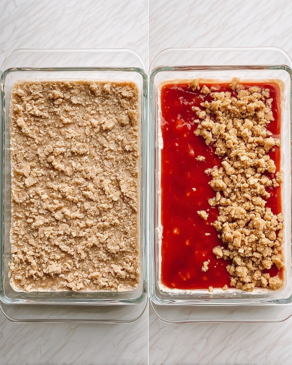 The image shows two clear square glass dishes on a white marbled surface, each with a layered dessert in progress. The dish on the left has one flat layer of light brown oat mixture spread evenly and pressed down; the texture includes visible oats giving a rough appearance. The dish on the right contains two layers; the bottom is a smooth, bright red jam or fruit sauce spread flat, while the top has small crumbled pieces of the light brown oat mixture scattered loosely over the red layer, creating a contrast in texture and color. photo taken with an iphone --ar 4:5 --v 7