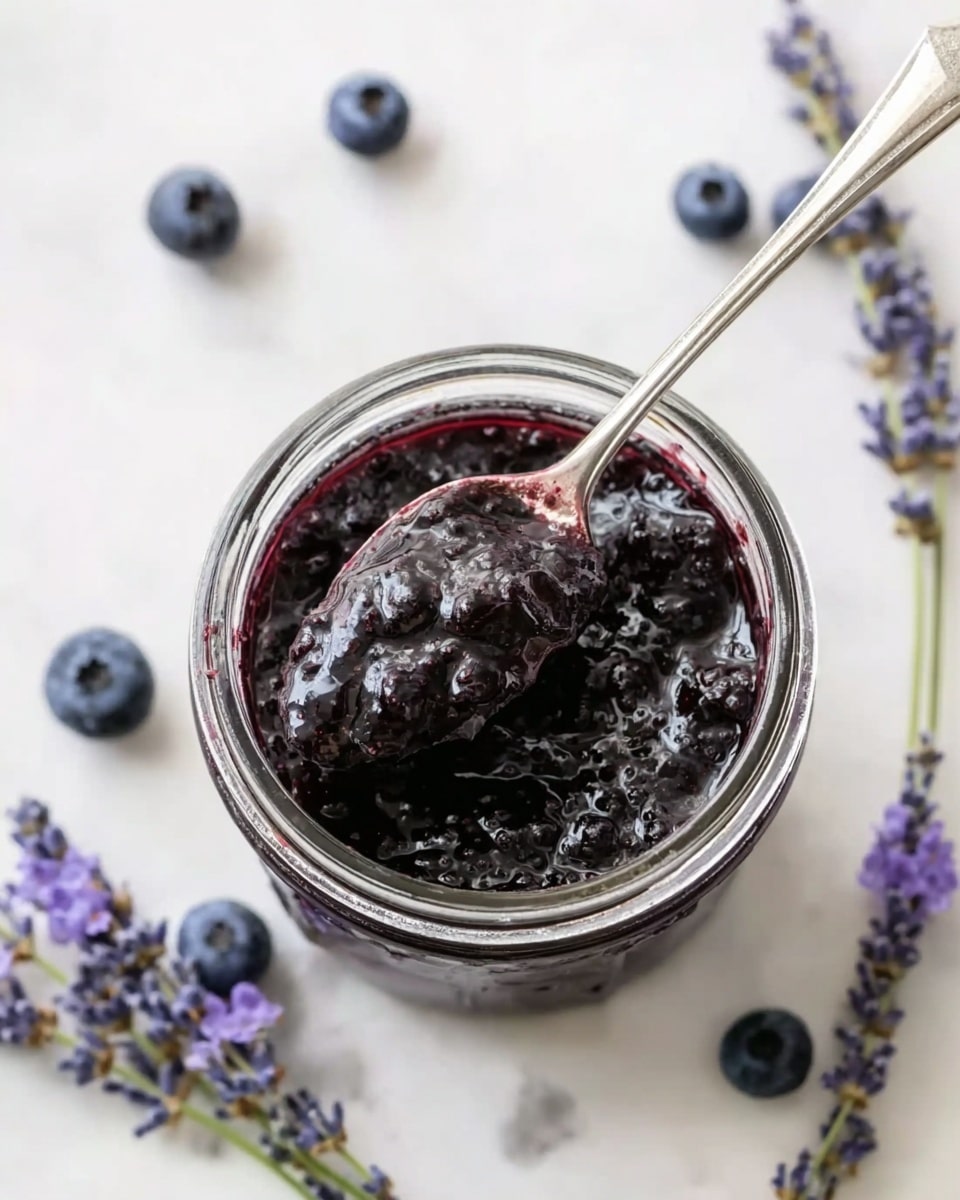 A clear jar filled with dark purple blueberry jam, filled almost to the top, sits on a white marbled surface. A silver spoon, holding a thick, slightly chunky scoop of the jam, rests across the jar mouth, with jam visible on the spoon’s surface. Around the jar, several whole fresh blueberries and small sprigs of purple lavender flowers create a soft decoration on the white marbled background. The overall look is bright and simple, showing the rich texture and color of the jam. photo taken with an iphone --ar 4:5 --v 7