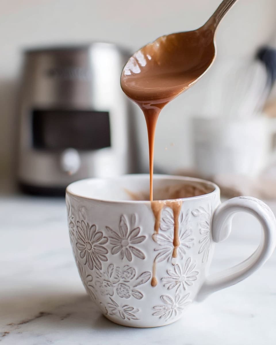 A white ceramic cup with a floral embossed pattern sits on a white marbled surface. A thick, smooth brown liquid is being poured into the cup from a large spoon above it, with some drops running down the inside of the cup. The handle of the cup is rounded and prominent on the right side. In the background, a blurred silver appliance and a white cup can be seen, creating a soft, cozy kitchen setting. Photo taken with an iphone --ar 4:5 --v 7