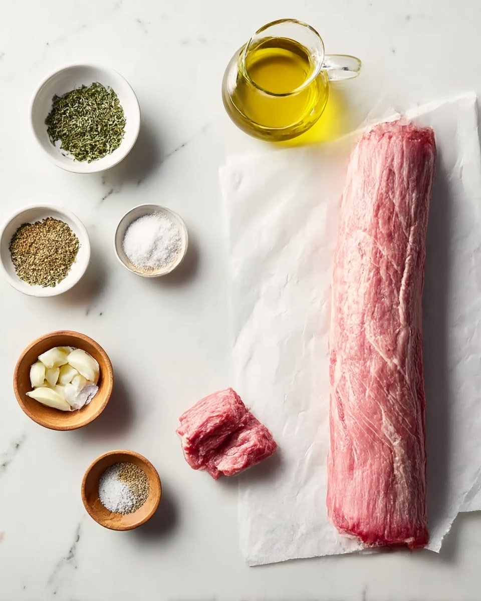 The image shows a long, raw piece of pink meat lying on white parchment paper placed on a white marbled surface, with a small chunk of meat separated from the end. To the left on the same surface, there are six small containers arranged neatly: a small white bowl with green herbs, a small wooden bowl with chopped white garlic, a clear glass pitcher filled with yellow olive oil, a small light brown bowl with white salt, a small glass bowl with black pepper, and another small wooden bowl with another ground spice. photo taken with an iphone --ar 4:5 --v 7