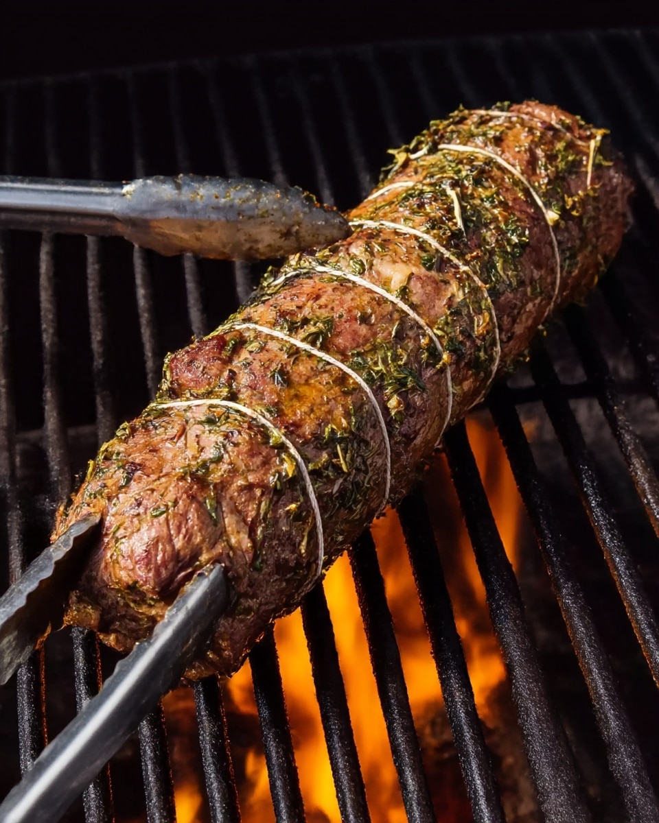 A long, round piece of meat is on a black grill with bright orange flames underneath. The meat is brown with a rough texture and covered in greenish herbs and spices. Thin white kitchen string is tied around it in even sections, holding the meat together. A silver pair of tongs holds the meat on the left side. The background shows the grill bars in black. photo taken with an iphone --ar 4:5 --v 7