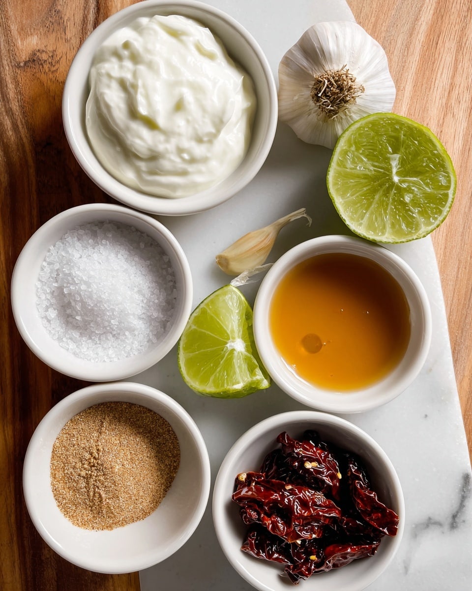 The image shows six small white bowls arranged on a white marbled surface with wooden texture beneath that is partially visible. The top left bowl is filled with thick, creamy white Greek yogurt with a smooth texture. Below it is a clove of garlic, whole and unpeeled, and next to that is a halved lime showing its bright green juicy interior. At the center, a white bowl contains coarse kosher salt with a grainy texture. To its right, another white bowl holds golden honey with a shiny, smooth surface. Below the honey, a white bowl is filled with dark red, wrinkled chipotle peppers in adobo sauce, looking wet and glossy. On the bottom left, a white bowl contains light brown cumin powder with a fine, sandy texture. The bowls are spaced neatly and the lighting highlights the natural colors of the ingredients. photo taken with an iphone --ar 4:5 --v 7