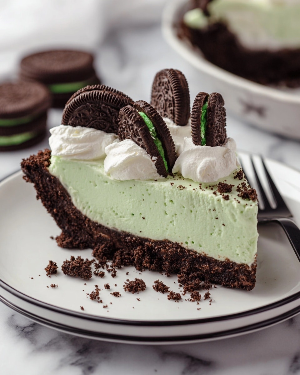A slice of pie on a white plate with a thin black rim shows three clear layers: a dark brown crumbly crust at the bottom, a thick pale green creamy layer in the middle with a smooth but slightly airy texture, and a topping of white whipped cream decorated with three dark chocolate sandwich cookies with green filling, standing upright and partially embedded in the cream. Small dark cookie crumbs are sprinkled lightly over the whipped cream and green layer. The plate is placed on a white marbled surface with two additional sandwich cookies nearby, and a black fork is partially visible at the back. Photo taken with an iphone --ar 4:5 --v 7