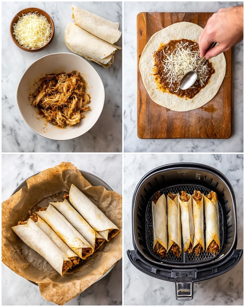 The image shows four steps of making rolled tortillas with filling. In the first step (top left), a white bowl with shredded cooked chicken mixed with spices sits on a white marbled surface, next to a stack of plain white tortillas and a small brown bowl filled with shredded cheese. A woman's hand is holding a spoon above the chicken bowl. The second step (top right) shows a wooden surface with one tortilla laid flat with refried beans and seasoned chicken mixture spread in the middle, ready to be rolled, and a fully rolled and toothpicked tortilla placed above it. The third step (bottom left) displays several rolled tortillas secured with toothpicks inside a black air fryer basket lined with parchment paper on a white marbled surface. The fourth step (bottom right) shows the same black air fryer basket with the rolled tortillas now cooked to a golden brown color, still held together with toothpicks. Photo taken with an iphone --ar 4:5 --v 7