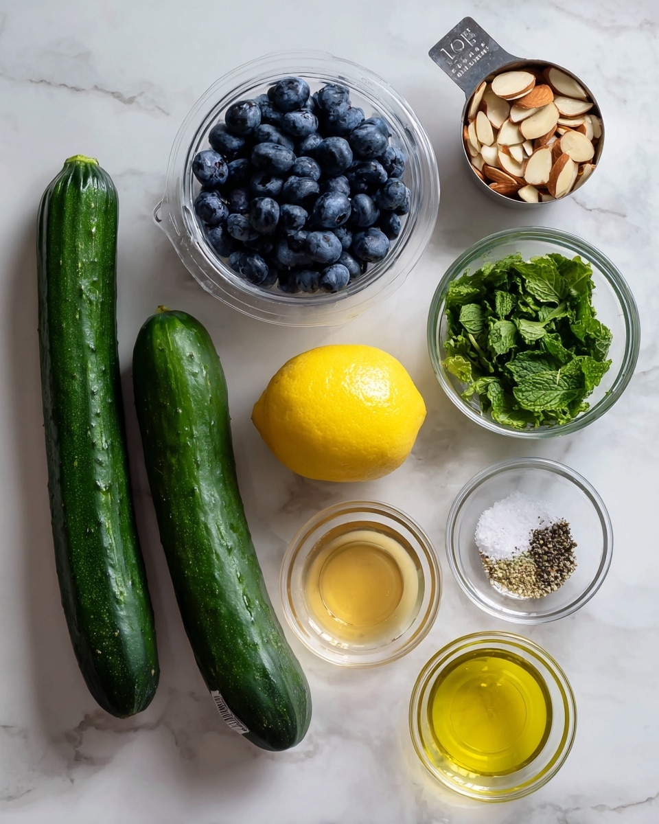 The image shows ingredients neatly arranged on a white marbled surface: two long dark green cucumbers on the left, a clear plastic container of dark blue blueberries at the top center, a half cup measuring cup filled with light brown sliced almonds below the blueberries, and a bright yellow lemon next to the almonds. Below the lemon is a small clear bowl filled with chopped green mint leaves. To the right are four small clear glass bowls; the top one has white salt and black pepper seasoning, below it is a bowl with golden honey, and the bottom two bowls contain a light yellow oil. Each ingredient is labeled with black and white text above or beside it. photo taken with an iphone --ar 4:5 --v 7