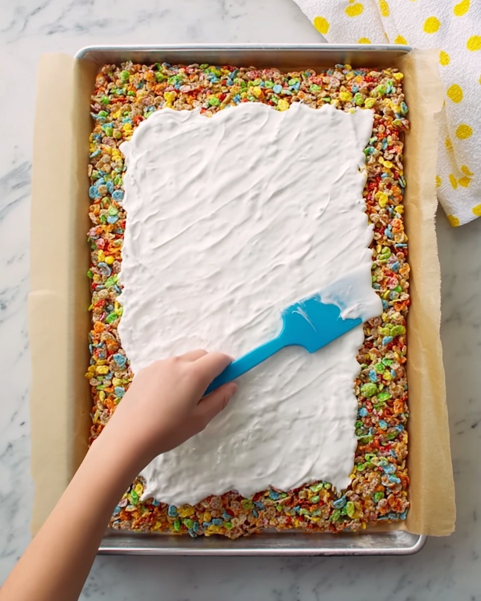 A large rectangular tray with a crispy colorful cereal base filled with bits of orange, red, green, yellow, and blue, spread evenly on parchment paper covering a baking sheet. On top of the cereal base, a thick white layer of frosting is being spread by a woman’s hand holding a blue spatula, covering most of the cereal except a small border around the edges. The tray is placed on a white marbled surface with a white cloth that has yellow dots near the top right corner of the image. Photo taken with an iphone --ar 4:5 --v 7