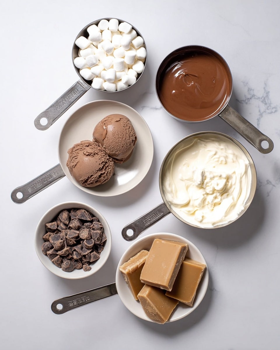 This image shows six containers arranged on a white marbled surface. On the top left is a metal measuring cup filled with small white marshmallows. Next to it, in the center top, is a white bowl with two scoops of dark chocolate ice cream. On the top right, another metal measuring cup holds smooth melted milk chocolate. Below the marshmallows, a metal measuring cup contains thick white cream. In the center bottom, a small white bowl is filled with small chocolate chunks. To the bottom right, a white bowl contains light brown caramel chocolate squares stacked neatly. The lighting is bright and natural, highlighting the different textures and colors of the ingredients. Photo taken with an iphone --ar 4:5 --v 7