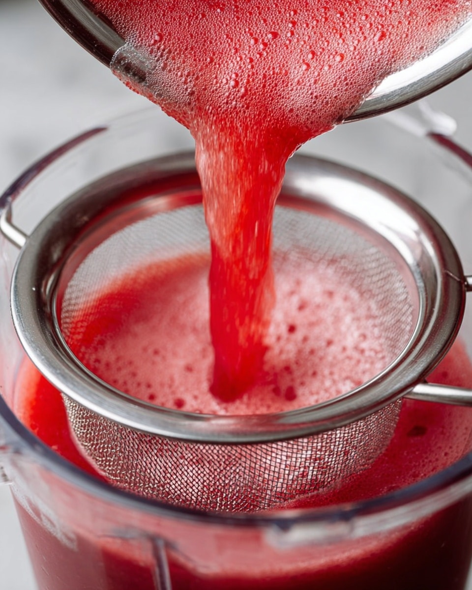 A close-up image shows bright red juice being poured through a fine metal mesh strainer, catching bubbles and foam on top, over a clear plastic blender container filled with smooth red liquid. The metal strainer has a shiny silver rim and fine mesh, positioned horizontally above the blender. The background is a white marbled texture. Photo taken with an iphone --ar 4:5 --v 7