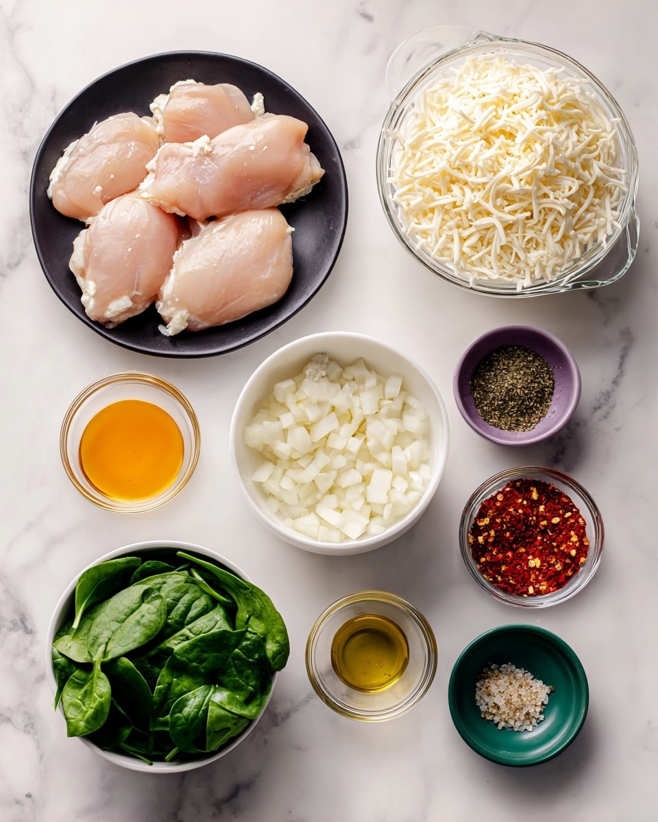 The image shows several cooking ingredients placed on a white marbled surface. In the top left, four raw chicken pieces are arranged on a white plate, with a smooth glossy texture and pale pink color. To the right, there's a clear measuring cup with shredded white mozzarella cheese. Below the chicken, a white bowl holds chopped white onion pieces, looking fresh and slightly translucent. Next to it, a small container of boursin cheese in its white packaging stands out. Below the onion, a small dark pink bowl contains minced garlic which is light yellow. To the right, two small cups hold golden yellow olive oil and a reddish-brown liquid side by side. A small red bowl holds a sprinkle of dried Italian seasoning with green and brown specks. Below all of these, a clear measuring cup filled with fresh, dark green spinach leaves sits in the bottom left corner. Finally, a small green bowl contains red pepper flakes, bright red with some yellow seeds scattered. The photo taken with an iphone --ar 4:5 --v 7