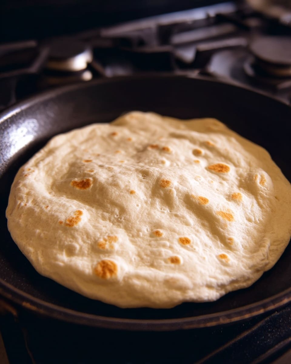 A close-up view of a single flatbread dough puffing up as it cooks in a black pan, showing its light beige color with bubbles and slight brown spots scattered unevenly on the surface, sitting on a stove with dark metallic parts visible in the background and the pan edges framing the round flatbread, photo taken with an iphone --ar 4:5 --v 7