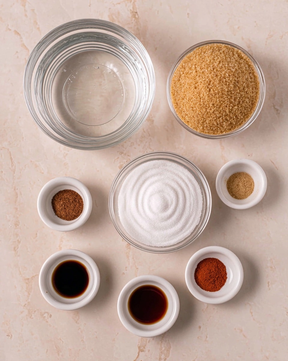The image shows seven small bowls arranged on a white marbled surface. At the top left is a large clear glass bowl filled with water, below it is a medium clear glass bowl filled with white granulated sugar with a spiral pattern on the surface. To the right of the sugar bowl is another medium clear glass bowl filled with light brown granulated sugar. Around these bowls are four small white bowls each holding different spices and dark soy sauce: a dark brown powder, a reddish-orange powder, a medium brown powder, and a black liquid. The arrangement is neat and evenly spaced, creating a clean and organized look photo taken with an iphone --ar 4:5 --v 7