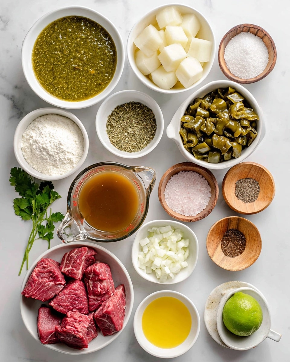 The image shows an overhead view of various cooking ingredients arranged on a white marbled surface. There are twelve white bowls and one clear glass measuring cup, each containing different items. In the top left, a white bowl holds a green salsa verde with a slightly chunky texture. Next to it, a white bowl contains smooth white potato chunks. To the right, a white bowl is filled with chopped poblano peppers in a dark green sauce. Below these, a white bowl contains red, raw cubed chuck roast with visible marbled fat. A clear glass measuring cup with a handle holds a brown beef broth. Smaller white bowls contain white all-purpose flour, chopped white onions, and minced garlic respectively. There are three small wooden bowls with pink salt, black pepper, and dried oregano. A white bowl holds ground cumin, a smaller white bowl with yellow oil, and a green lime is placed near fresh green cilantro leaves close to the bottom left corner. The ingredients are neatly spaced, showing vibrant colors and different textures. Photo taken with an iphone --ar 4:5 --v 7