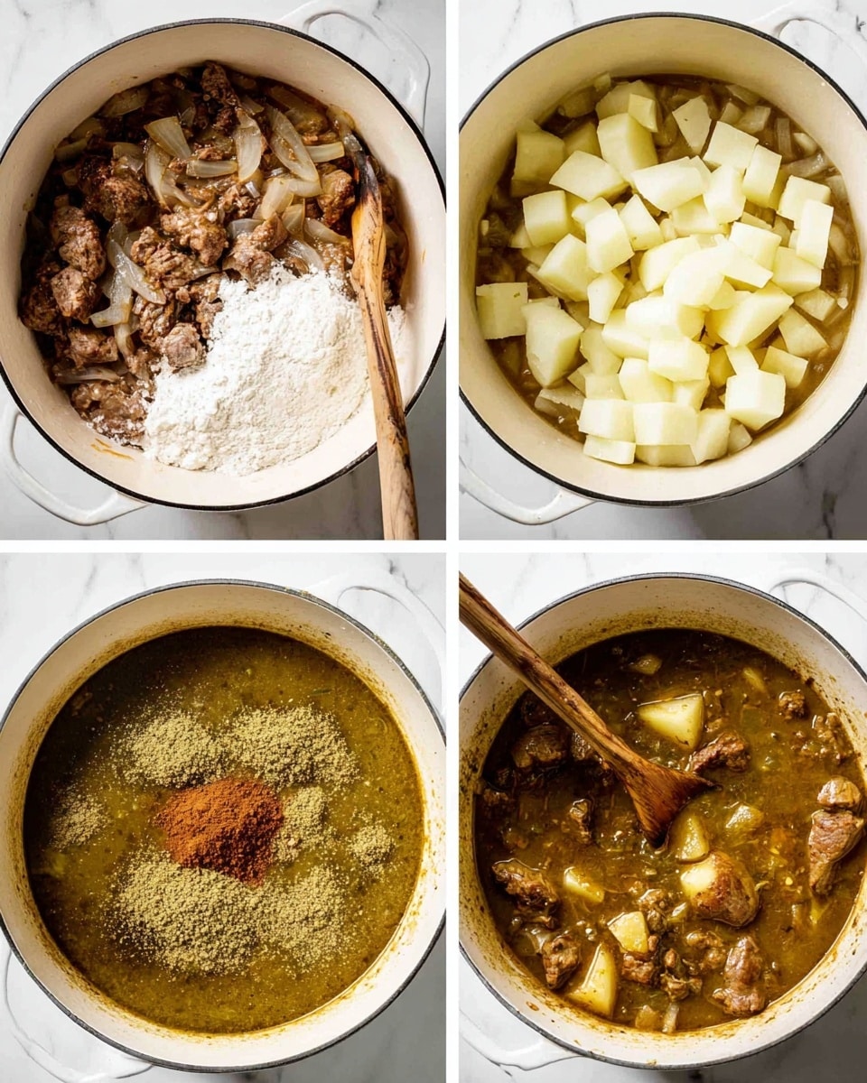 The image shows four steps of cooking stew in a white pot on a white marbled surface. In the top left, there is a layer of browned meat with sautéed onions mixed inside, topped with a pile of white flour, with a wooden spoon resting on the edge. In the top right, the pot holds the meat and onions at the bottom layer, now covered with a thick layer of pale yellow potato cubes. In the bottom left, a new layer of a green chunky sauce with a pile of brown ground spices sits on top of the meat and potato layer, with some liquid visible, and the wooden spoon on the right side. The bottom right shows the fully mixed stew with visible chunks of meat and potato in a thick brownish-green broth, with the wooden spoon resting in the pot photo taken with an iphone --ar 4:5 --v 7