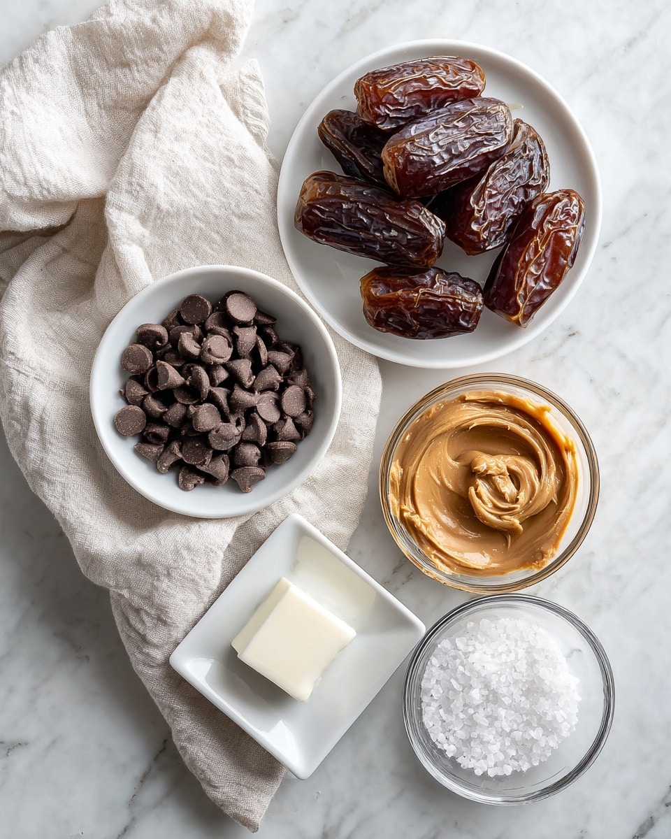 The image shows five ingredients arranged on a white marbled surface with a soft white cloth in the center. On the top left, a small white bowl holds many dark brown dairy-free chocolate chips with a smooth texture. On the top right, a white plate is piled with shiny, wrinkled, deep brown dates. Below the chocolate chips, a small square white dish contains a solid white coconut oil scoop with a soft and creamy appearance. To the right of the coconut oil, another small round clear glass bowl holds smooth and swirled light brown peanut butter. At the bottom right, a square white dish is filled with coarse white sea salt grains. The items are neatly placed with the cloth softly draped around them. Photo taken with an iphone --ar 4:5 --v 7