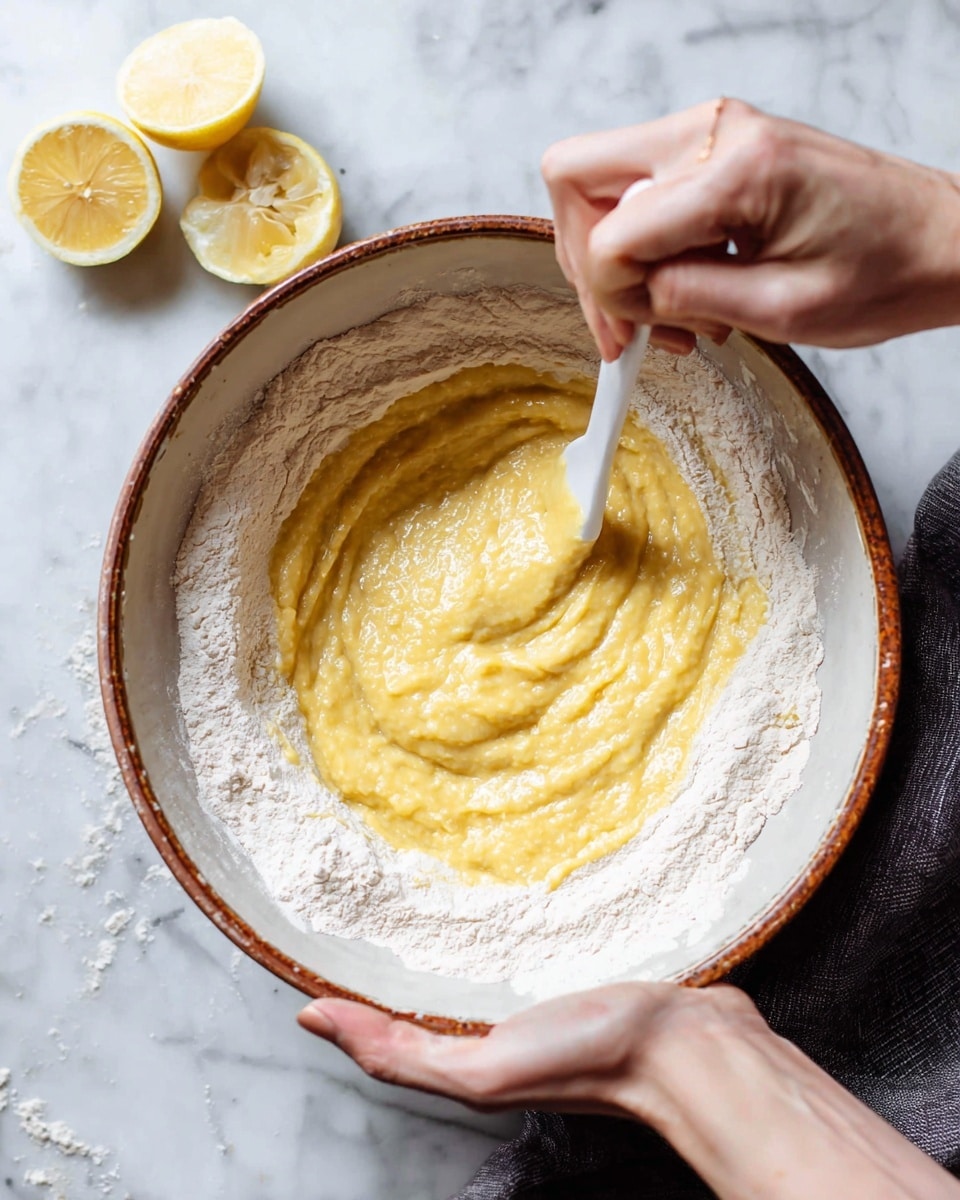 A white bowl with a brown rim is held by a woman's hand at the bottom, while another woman's hand stirs thick yellow batter with a white spoon in the middle; the bowl has a layer of dry white flour around the edges, forming a ring, and the batter is visibly mixed in the center. On the white marbled surface next to the bowl are two lemon halves and a dark cloth, adding context to the scene. photo taken with an iphone --ar 4:5 --v 7