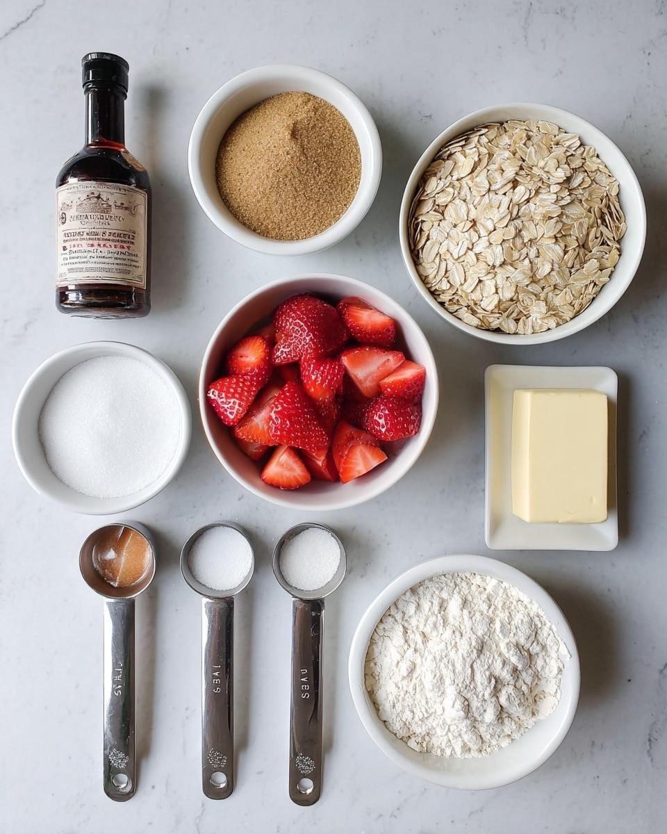 The image shows a top view of several baking ingredients neatly arranged on a white marbled surface. There is a white bowl filled with rolled oats in the top right, a white bowl with brown sugar to its left, and another white bowl with white flour above that. In the center, a metal bowl holds sliced red strawberries. At the bottom left, a white bowl contains white granulated sugar. To the left side, there is a brown bottle of vanilla extract lying on the surface. On the right side, a stick of salted butter rests horizontally. Below these, four metal measuring spoons with different ingredients are placed in a row: salt, baking soda, lemon juice, and cornstarch. Photo taken with an iphone --ar 4:5 --v 7