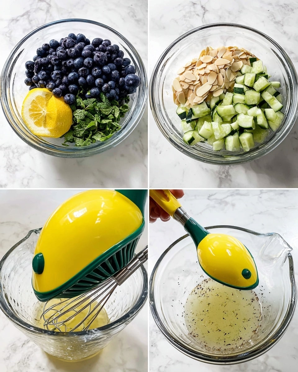 A clear glass bowl on a white marbled surface holds four sections of ingredients separated: dark blue blueberries piled on the left top side, pale beige almond slices on the right top, bright green cucumber chunks in the center, and finely chopped dark green mint leaves on the left bottom. Next to it, a yellow and green lemon squeezer presses a half lemon over a clear glass measuring cup, squeezing fresh lemon juice inside. Below, a woman's hand holds the yellow and green lemon squeezer above the measuring cup with some lemon juice collected inside. Lastly, the measuring cup contains a mixed light liquid with small black specks, and a silver whisk rests inside, ready for use. Photo taken with an iphone --ar 4:5 --v 7