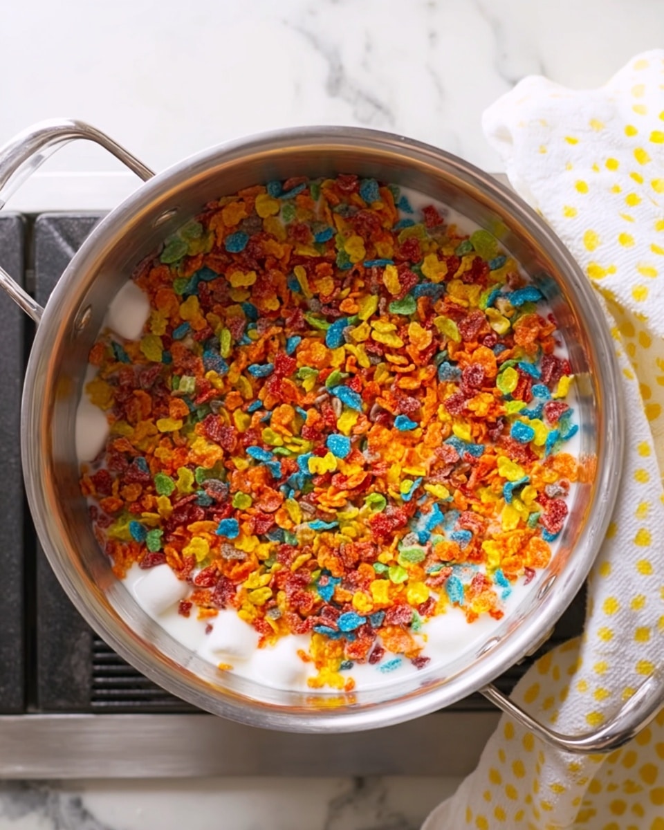 A close-up view of a cooking pot filled with white melted marshmallows on the bottom layer, topped with a thick layer of colorful cereal pieces in red, yellow, orange, blue, and green. The pot is silver with handles on both sides, placed on a stovetop with a white marbled surface beneath it, and a white cloth with yellow polka dots partially visible on the right side. The cereal layer covers the melted marshmallows almost fully, creating a bright and textured contrast. Photo taken with an iphone --ar 4:5 --v 7