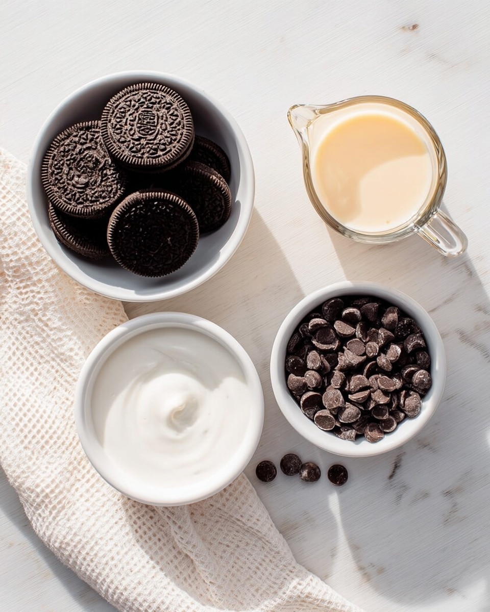 The image shows four main items used for a dessert on a smooth white marbled surface: a white bowl filled with dark chocolate sandwich cookies stacked unevenly, a white measuring cup filled with small dark brown chocolate chips, a small glass pitcher with light beige liquid, and a white bowl filled with a smooth white creamy substance. The white bowl with the creamy substance has a soft texture with a small curved dip near the top. The items are arranged neatly with a white waffle-textured cloth under the pitcher and measuring cup, adding soft patterns to the scene. The lighting is natural and soft, highlighting the colors and textures of each ingredient. photo taken with an iphone --ar 4:5 --v 7