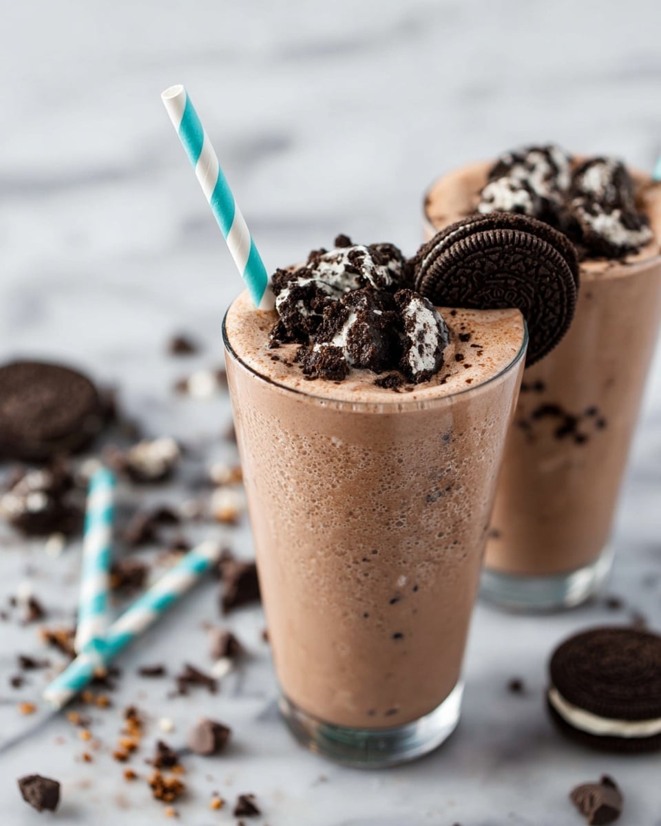The image shows two clear glasses filled with a thick, light brown chocolate milkshake. The milkshake is topped with rough pieces of black and white cookie crumbs and scattered dark brown chocolate chips. Each glass has a white and teal striped straw placed inside the milkshake, with one glass in focus in the front and the other blurry in the background. The glasses sit on a white marbled surface with some cookie crumbs and chocolate chips scattered around, and there is a whole black and white cookie standing upright behind the glass in focus. photo taken with an iphone --ar 4:5 --v 7