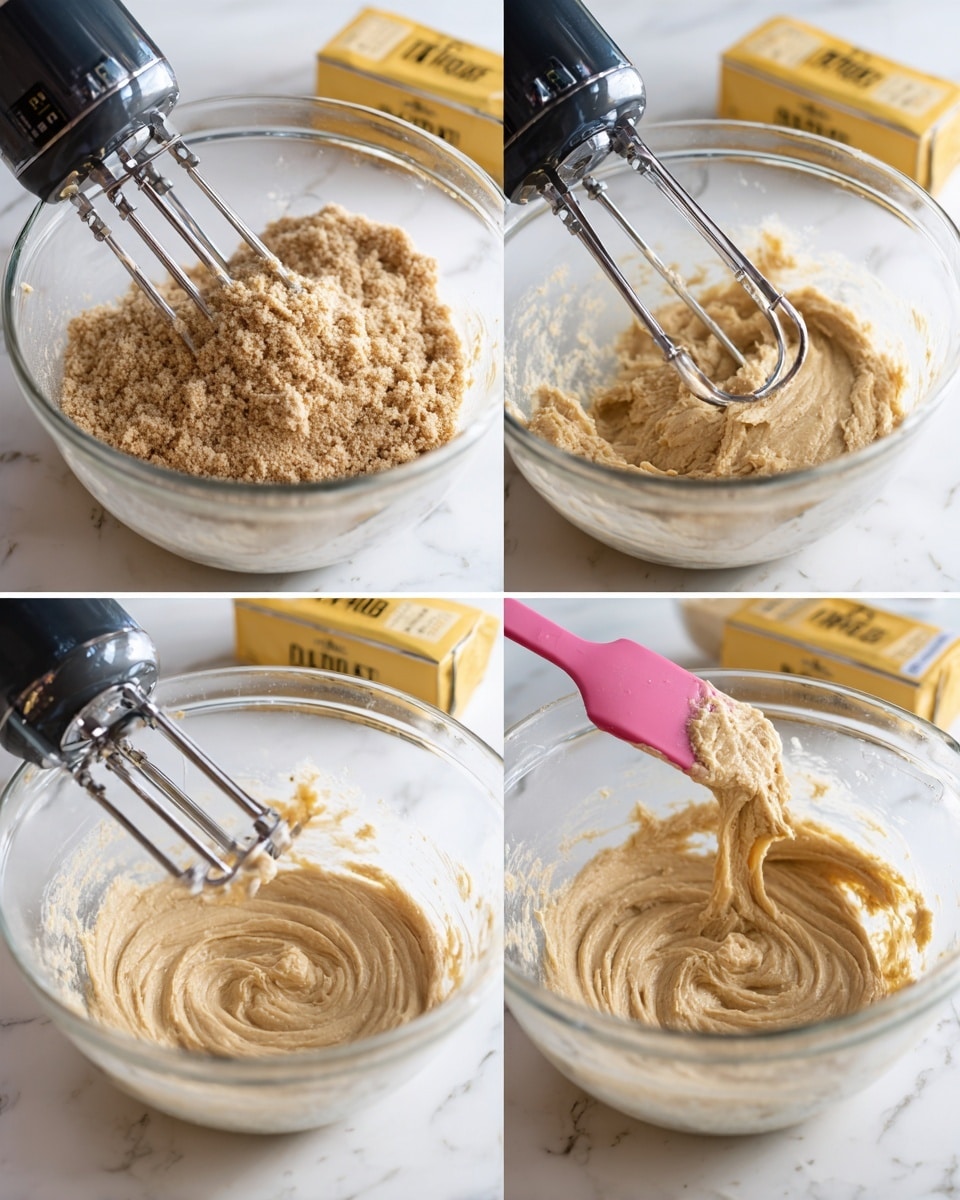 Three side-by-side images show the process of mixing cookie dough in a large clear glass bowl on a white marbled surface. The first image shows a coarse, crumbly light brown mixture being mixed by a black electric hand mixer with silver beaters partly inside the bowl. The second image shows a smooth, light tan batter with swirls made by the beaters, which are lifted slightly, coated in the thick wet mixture. The third image shows a thick, creamy dough with a rough texture being stirred with a pink silicone spatula inside the same bowl. In the background of all images, yellow butter packages are stacked. Photo taken with an iphone --ar 4:5 --v 7