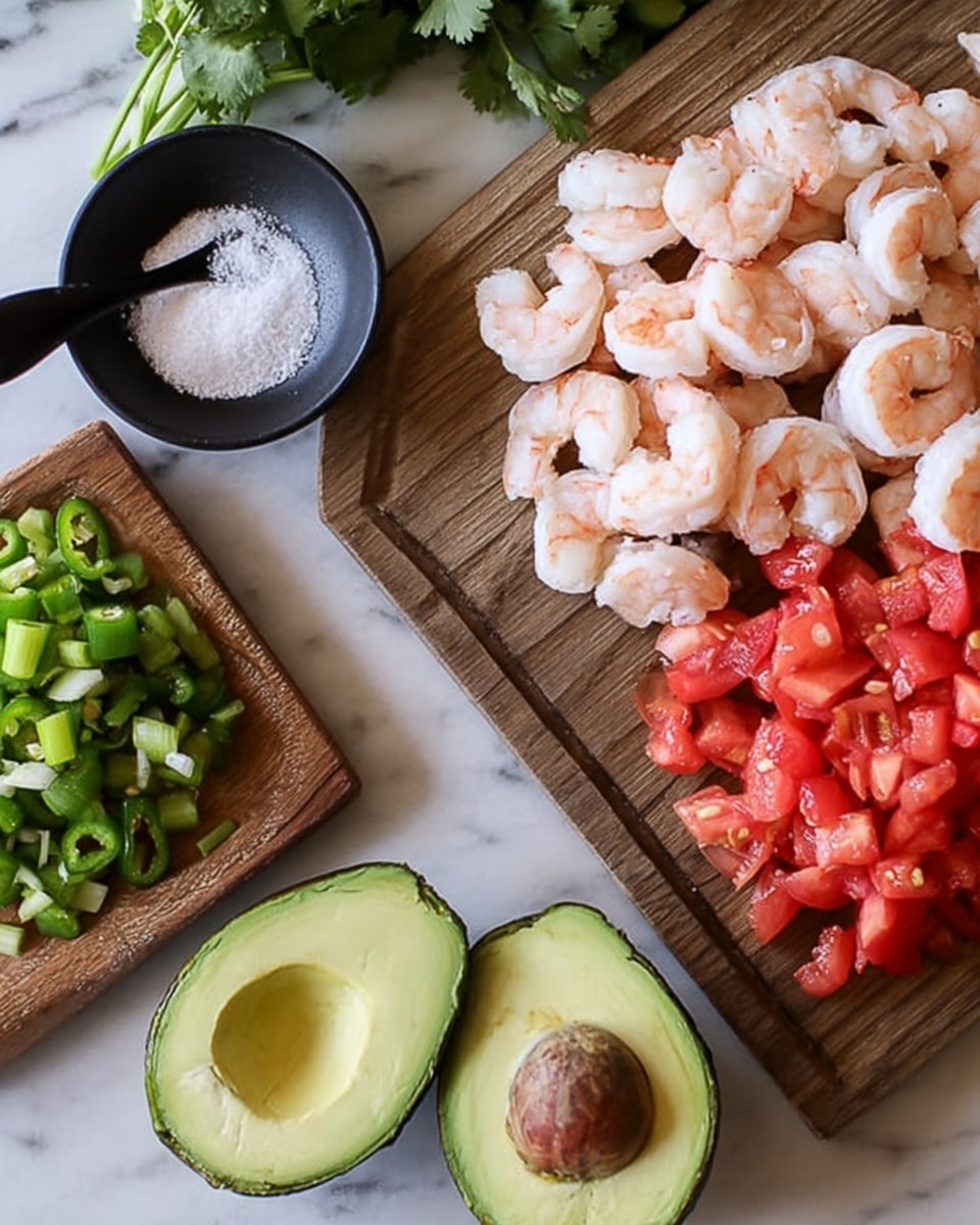 The image shows a wooden cutting board on a white marbled surface with four main layers of ingredients arranged. On the top right side is a pile of peeled, pink and white shrimp with firm texture. Below and slightly overlapping the shrimp are bright red, chopped tomato pieces with juicy, wet surfaces. To the left are two halves of a green avocado with a dark brown seed in the right half and smooth texture on the flesh. On the far left side of the image, overlapping the marbled surface, is a smaller wooden board with diced green jalapeño peppers. A small black bowl filled with white salt and a black spoon sits next to the boards, with some green cilantro leaves peeking in at the top left corner. Photo taken with an iphone --ar 4:5 --v 7
