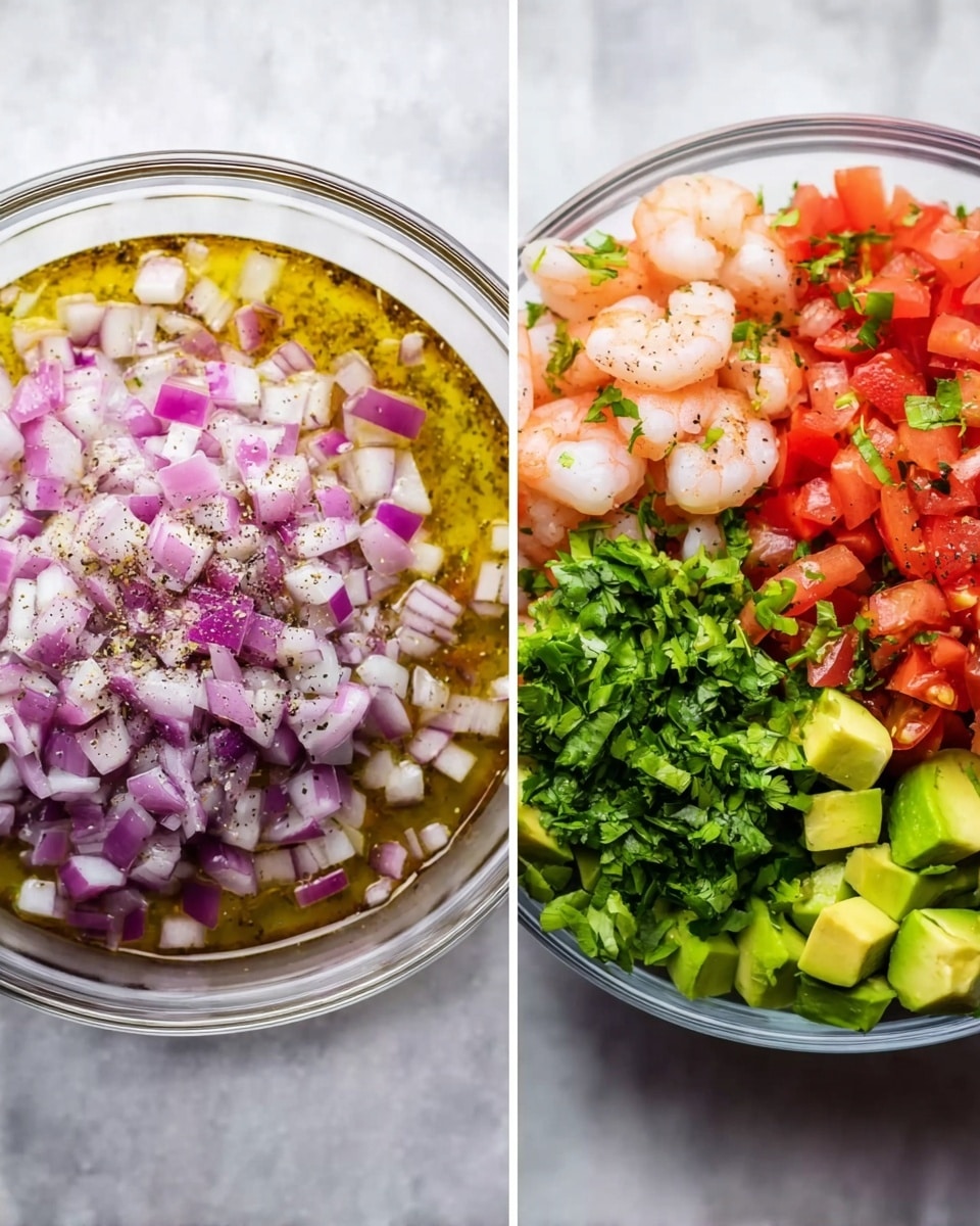 The image shows two clear glass bowls on a white marbled surface. The first bowl contains finely chopped purple onion soaked in liquid showing yellowish and pinkish tones mixed with black pepper sprinkled on top. The second, larger bowl displays chopped ingredients arranged in separate sections: bright red diced tomatoes, green chopped cilantro, dark pink shrimp pieces, pale green avocado chunks, and finely chopped purple onion. The colors are bright and fresh, with the ingredients clearly visible in neat sections within the bowl. Photo taken with an iphone --ar 4:5 --v 7