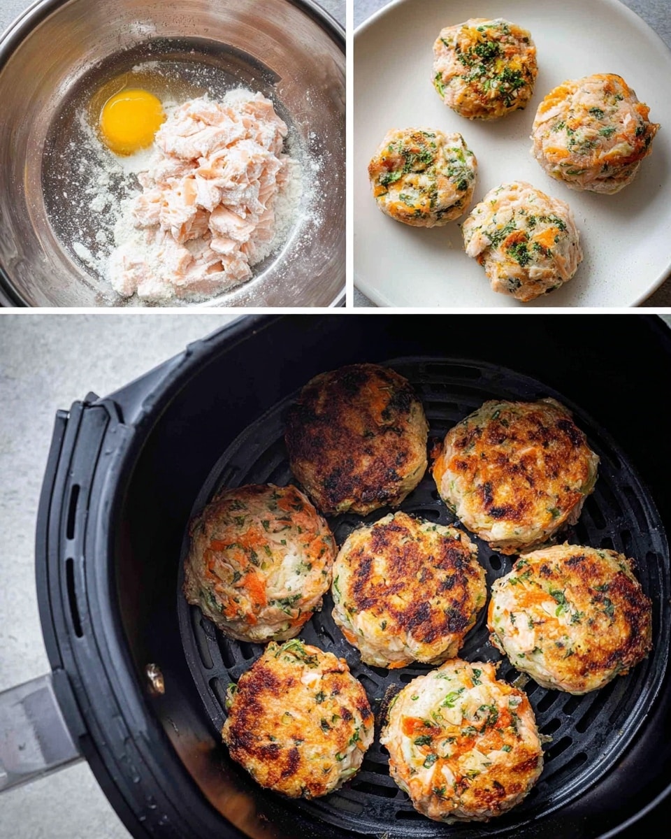 A metal bowl holds the raw ingredients mixed together, showing pale pink chunks of salmon, white flour, one egg yolk, green chopped herbs, and orange zest on the surface. Next to it, a white plate with scattered flour has six evenly spaced rough round patties made from the mixture, showing small pieces of salmon and herbs throughout. Then, six patties are placed inside a black air fryer basket, turning slightly firm and pale. Finally, five golden brown patties with a crispy outer texture sit in the air fryer with a nicely grilled surface showing orange, white, and green specks of salmon and herbs. Photo taken with an iphone --ar 4:5 --v 7