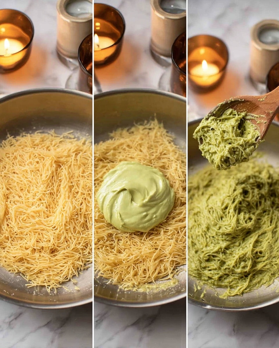 The image shows three stages of mixing ingredients in a silver pan on a white marbled surface. The first stage has a base layer of light golden thin noodles spread evenly inside the pan. The second stage adds a smooth, thick, pale green mixture dolloped on top of the noodles in the center. The third stage shows a wooden spoon lifting a thick, textured green mixture with noodles coated in it from the pan, with the rest of the mixture spreading out in the background. Warm candlelight and marble containers blurred in the background add a cozy feel photo taken with an iphone --ar 4:5 --v 7