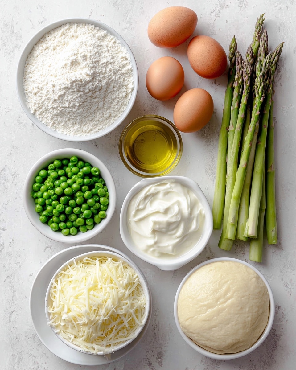 The image shows nine ingredients neatly arranged on a white marbled surface. From top left, there is a white bowl filled with white flour, next to it are three brown eggs with a smooth texture laid side by side. To the right, a bunch of fresh green asparagus stalks stand upright. Below the flour, a white bowl is filled with bright green peas. Next to it is a glass cup with golden oil, and in the middle, a white bowl holds thick white cream. To the bottom left, a white bowl is full of shredded white cheese, and at the bottom right, a white bowl contains smooth, pale dough. All items are cleanly placed and well-lit. photo taken with an iphone --ar 4:5 --v 7