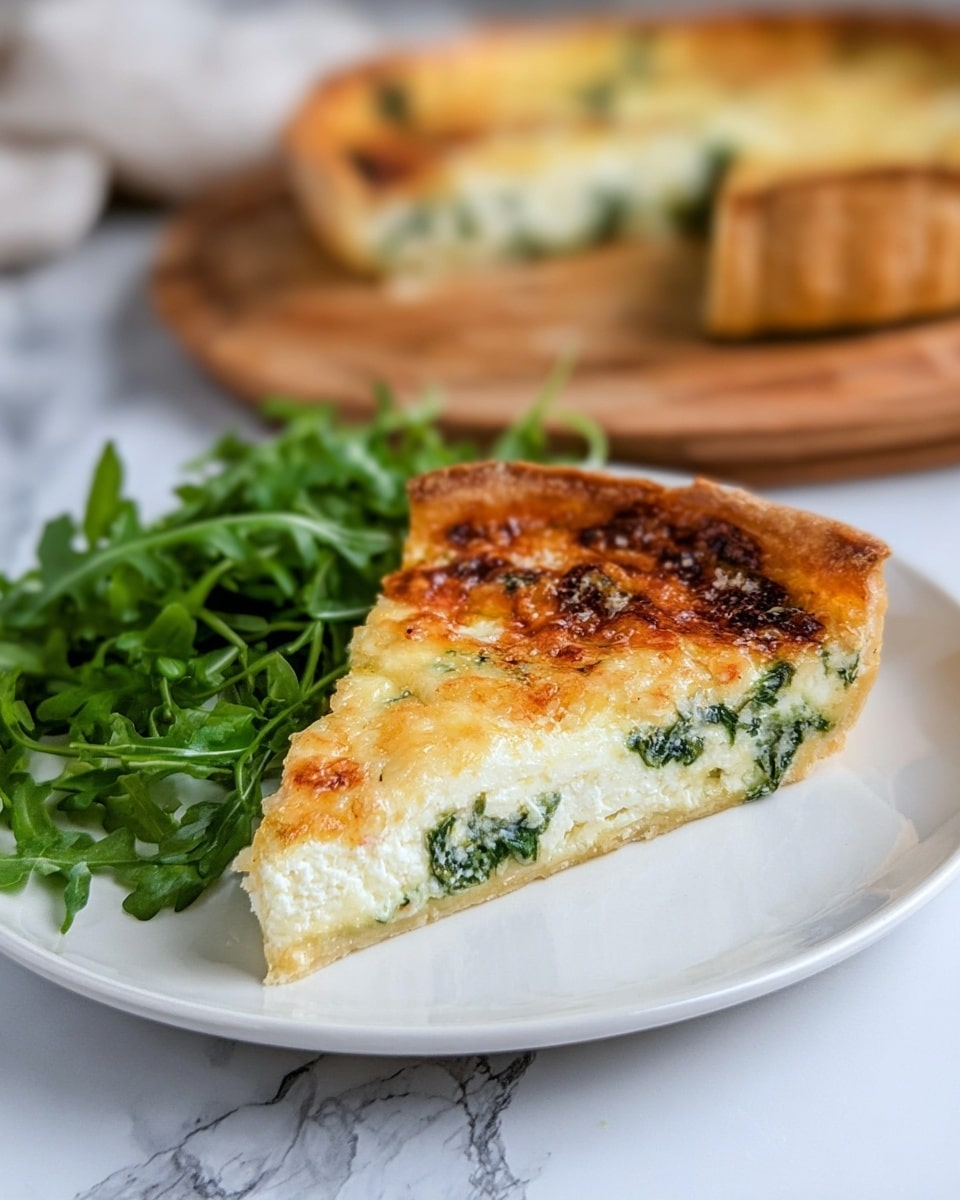 A white plate holds a slice of quiche with three visible layers: a light golden thin crust on the bottom, a creamy white cheese layer mixed with green spinach in the middle, and a browned, slightly bubbled golden top layer. To the left of the quiche slice, there is a small pile of fresh, bright green leafy arugula. In the blurred background, the rest of the quiche is visible on a wooden board. The surface under the plate is white with a marbled texture. Photo taken with an iphone --ar 4:5 --v 7
