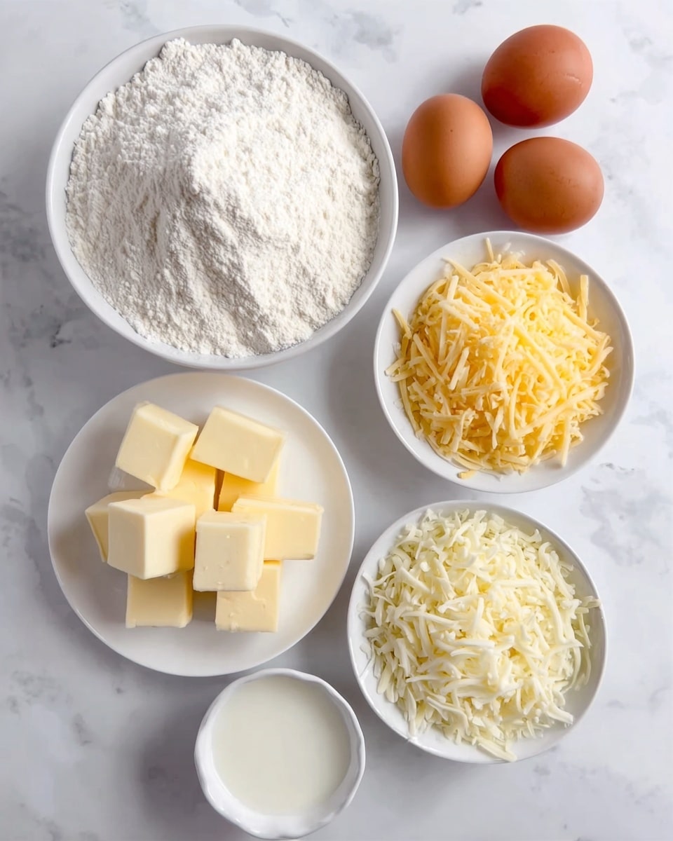 The image shows several white bowls and a plate arranged on a white marbled surface. One large bowl is filled with white flour piled high, next to it are three brown eggs placed directly on the surface. A white plate holds several cubes of pale yellow butter placed neatly. Another white bowl contains shredded yellow cheese, while a separate white bowl is filled with shredded white cheese. Lastly, a small white bowl holds some white liquid, likely milk or cream. The items are spaced evenly and brightly lit, giving a clean and fresh look. photo taken with an iphone --ar 4:5 --v 7