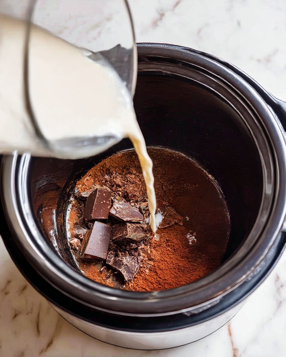 Inside a slow cooker with a black interior and a shiny silver body, dark brown chunks of chocolate and reddish-brown cocoa powder sit on the bottom. A white liquid is being poured into the cooker, mixing with the chocolate and cocoa. The slow cooker is placed on a surface with a white marbled texture. The photo taken with an iphone --ar 4:5 --v 7