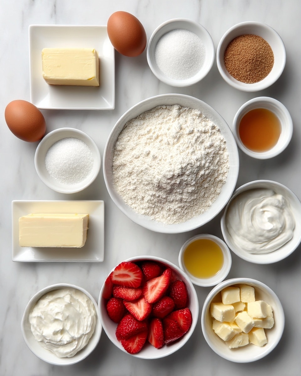 The image shows various cooking ingredients neatly arranged on a white marbled surface. There are two whole brown eggs placed near the top left, next to a rectangular block of butter on a small white plate. Several small white bowls hold different ingredients: granulated sugar, white granulated sugar, and brown sugar. A larger white bowl is filled with a heap of white flour, while another medium bowl contains white powdered sugar. Fresh whole strawberries fill one white bowl, and sliced strawberries fill another. There is also a bowl with white whipped cream or yogurt, a small bowl of melted yellow butter or oil, and a bowl of small chunks of butter. The composition is clean and bright, with all ingredients clearly visible and separated. Photo taken with an iphone --ar 4:5 --v 7