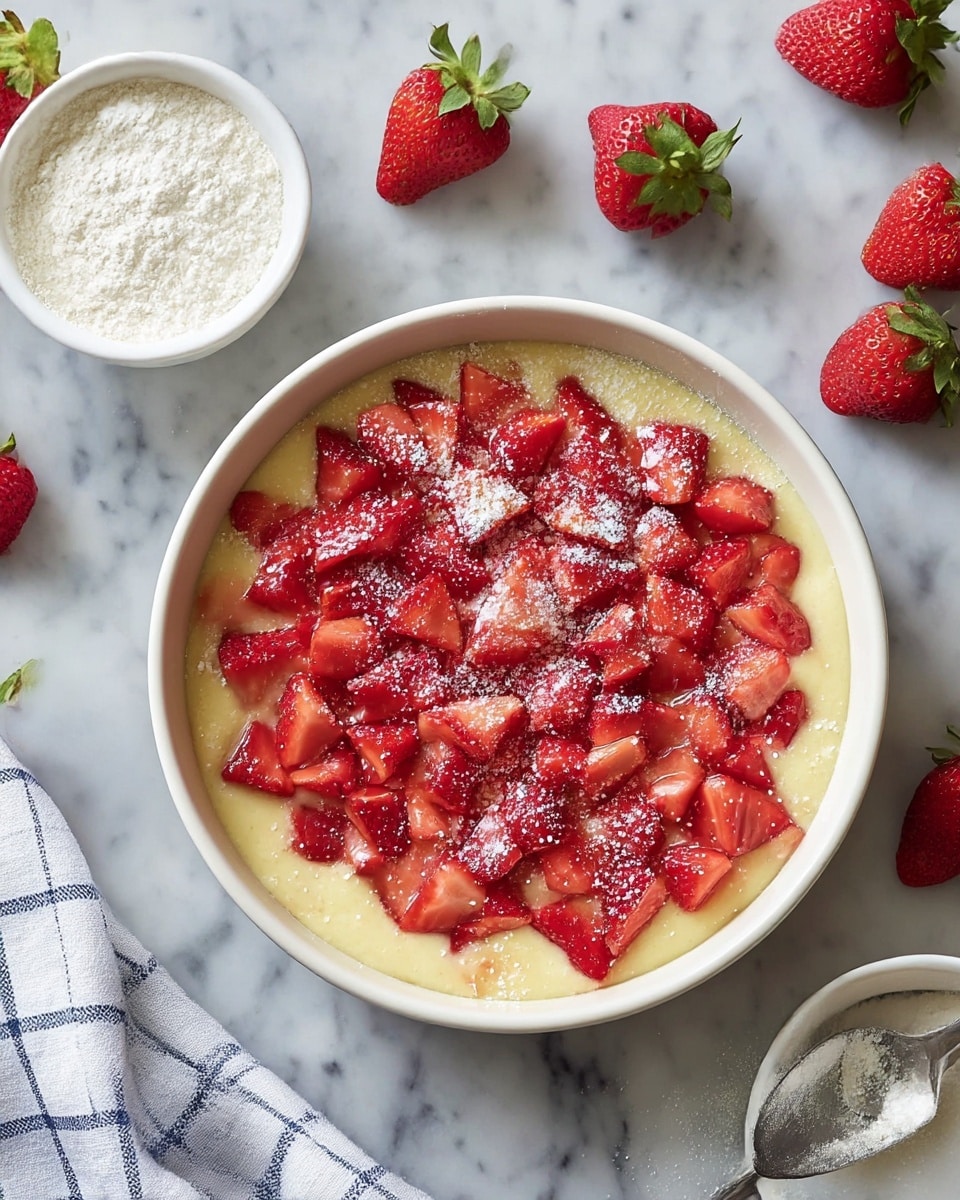 A round white bowl filled with a layer of smooth, pale yellow batter at the bottom, topped with a generous layer of bright red chopped strawberries. The strawberries are fresh and slightly glossy, scattered evenly across the batter. Some white powdered sugar is lightly dusted on top of the strawberries, adding a soft contrast. The bowl sits on a white marbled surface, surrounded by whole strawberries with green leaves, a small white bowl of white flour, and a silver spoon with flour inside. A white cloth with a blue checkered pattern is partially visible at the bottom left. Photo taken with an iphone --ar 4:5 --v 7