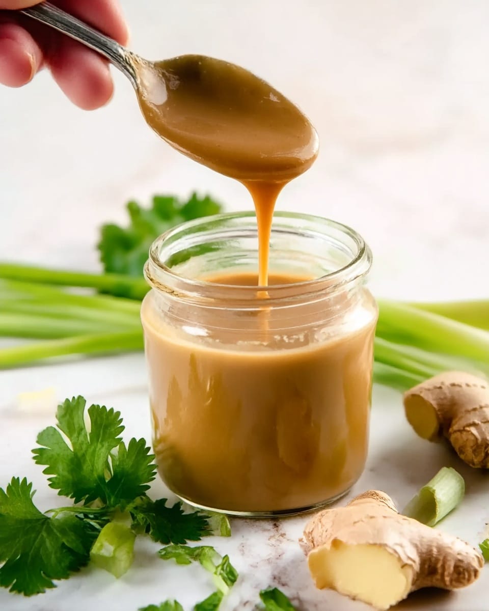 A small clear glass jar filled with smooth, light brown sauce or paste is centered on a white marbled surface. A woman's hand holds a silver spoon above the jar, dripping a thick stream of the sauce back into it. Around the jar, fresh green cilantro leaves, pale green scallion stalks, and a chunk of light brown ginger root are scattered. The colors are warm and natural with gentle lighting highlighting the creamy texture of the sauce. photo taken with an iphone --ar 4:5 --v 7