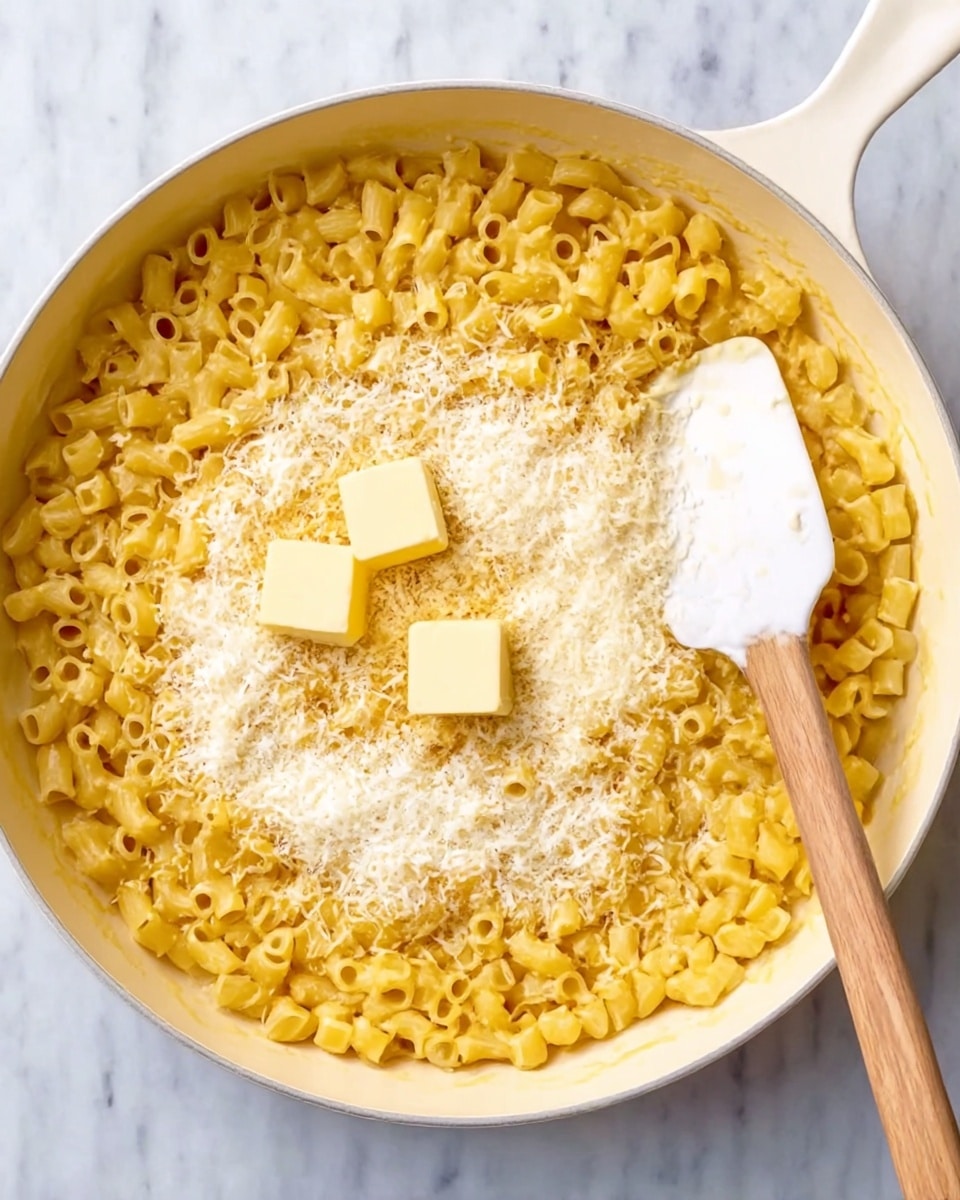 A white pan filled with small, tube-shaped pasta arranged in a ring around the edges, creating one layer of yellowish-orange pasta. Inside the ring, there is a layer of white creamy sauce sprinkled with some crumbs, and two small pieces of pale yellow butter placed close in the center. A white spatula with a wooden handle rests on the right side of the pan, partly over the creamy sauce. The background is a white marbled surface. Photo taken with an iphone --ar 4:5 --v 7