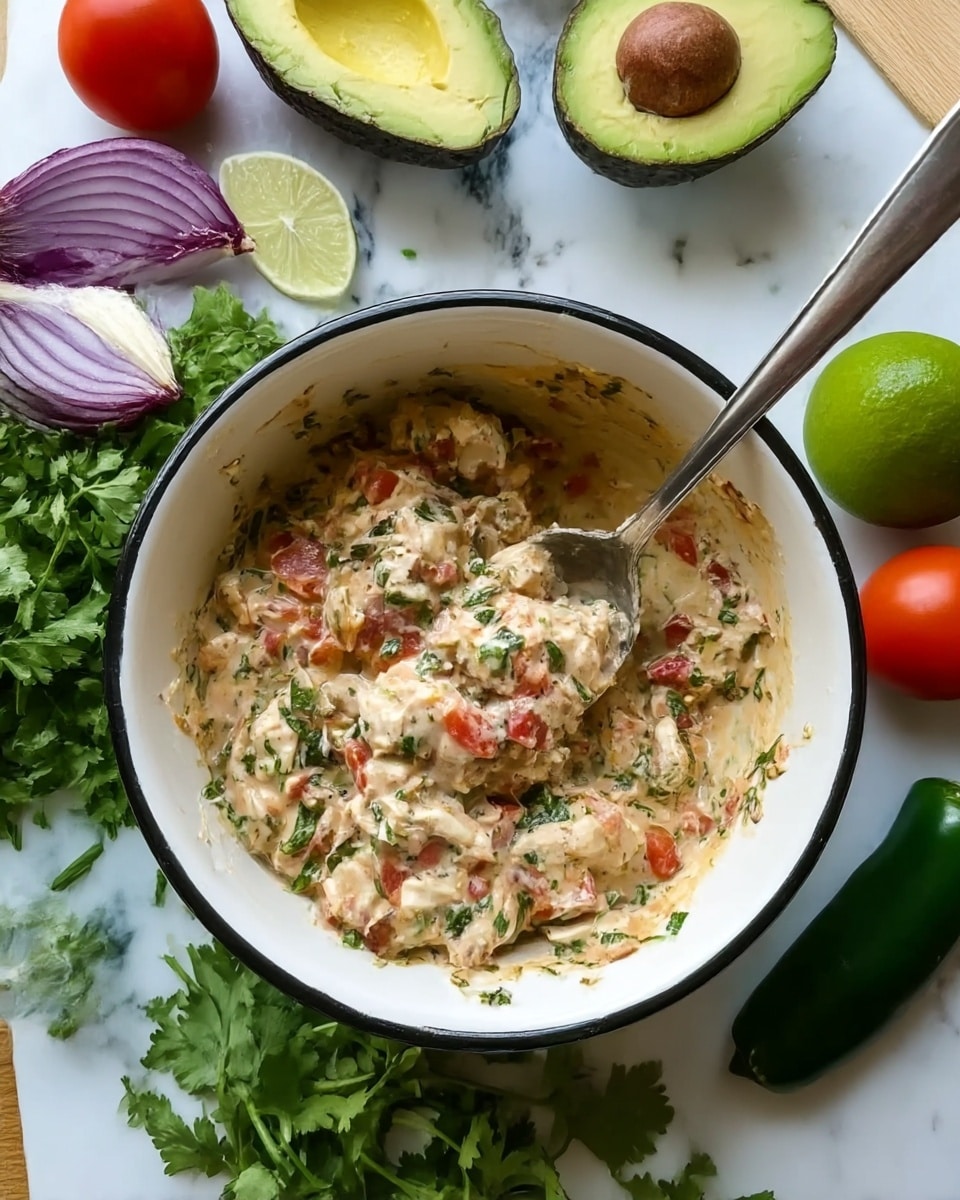 A white bowl with black trim filled with a creamy chicken mixture that has visible bits of red tomato, green herbs, and chicken pieces, with a metal spoon inside the bowl. Around the bowl on a white marbled surface are fresh green cilantro, two halves of an avocado with dark green skin and bright green flesh, a halved red onion showing purple layers, two lime halves, a whole red tomato, and a long green jalapeño pepper. The scene is bright and natural. photo taken with an iphone --ar 4:5 --v 7