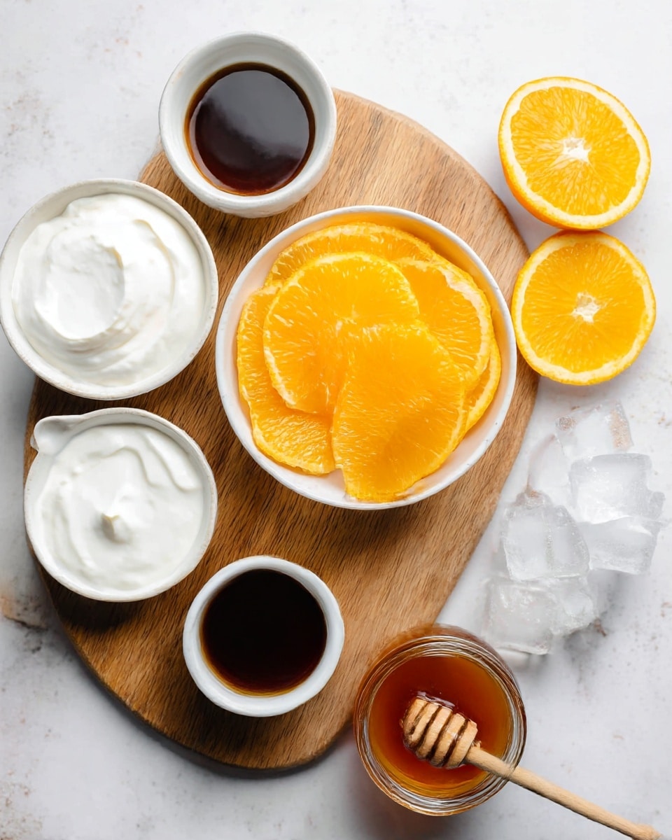 A wooden cutting board with a white marbled texture background holds a white bowl full of bright orange peeled orange slices in the center. Surrounding it, there is a white bowl with smooth white cream at the top left, a small white bowl with more white cream at the bottom left, a tiny white cup filled with dark brown liquid below the orange bowl, and a white bowl with clear ice cubes to the right of the small cup. To the right of the orange bowl, there is a small jar of amber honey with a wooden honey dipper inside, and next to it are two slices of fresh orange. All items are arranged neatly, creating a fresh and colorful setup. Photo taken with an iphone --ar 4:5 --v 7