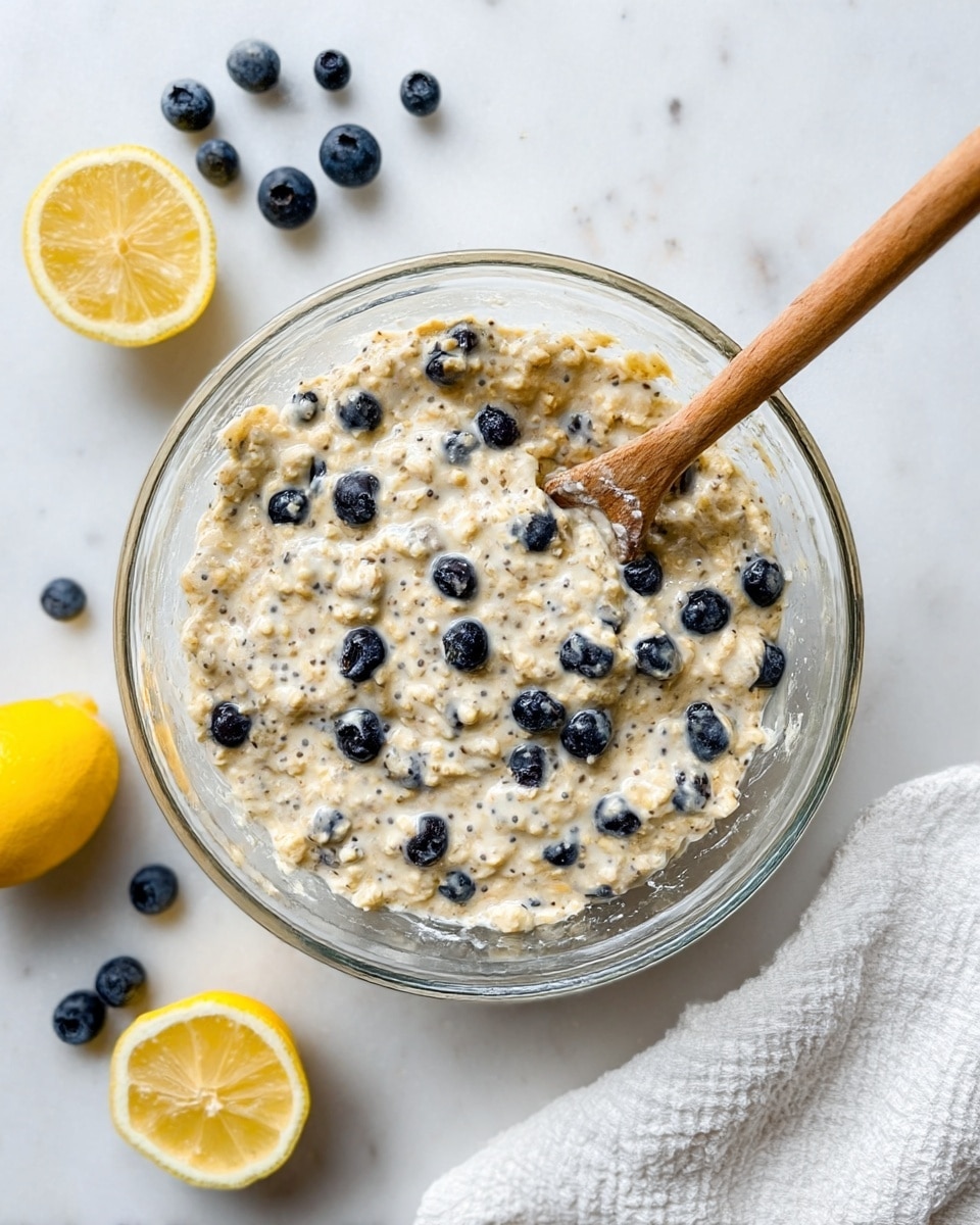 A clear glass bowl filled with creamy oatmeal mixed with small black seeds and fresh blueberries scattered well throughout, showing a soft and thick texture. A wooden spoon is partially dipped into the oats, placed toward the right side of the bowl. Around the bowl on a white marbled surface, there are fresh blueberries and two halves of a bright yellow lemon. A white textured cloth is partly visible near the bottom right edge of the image. Photo taken with an iphone --ar 4:5 --v 7
