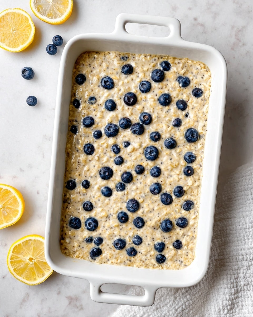 A white rectangular baking dish is filled with a creamy oatmeal mixture that has a light beige color and specks of small black seeds throughout. Mixed evenly in the oatmeal are scattered fresh blueberries, deep blue in color, that add contrast to the light texture. The dish is placed on a white marbled surface, with a few blueberries scattered around it and two sliced lemon halves positioned on the bottom left. A white textured cloth is partially visible on the right side of the image. Photo taken with an iphone --ar 4:5 --v 7