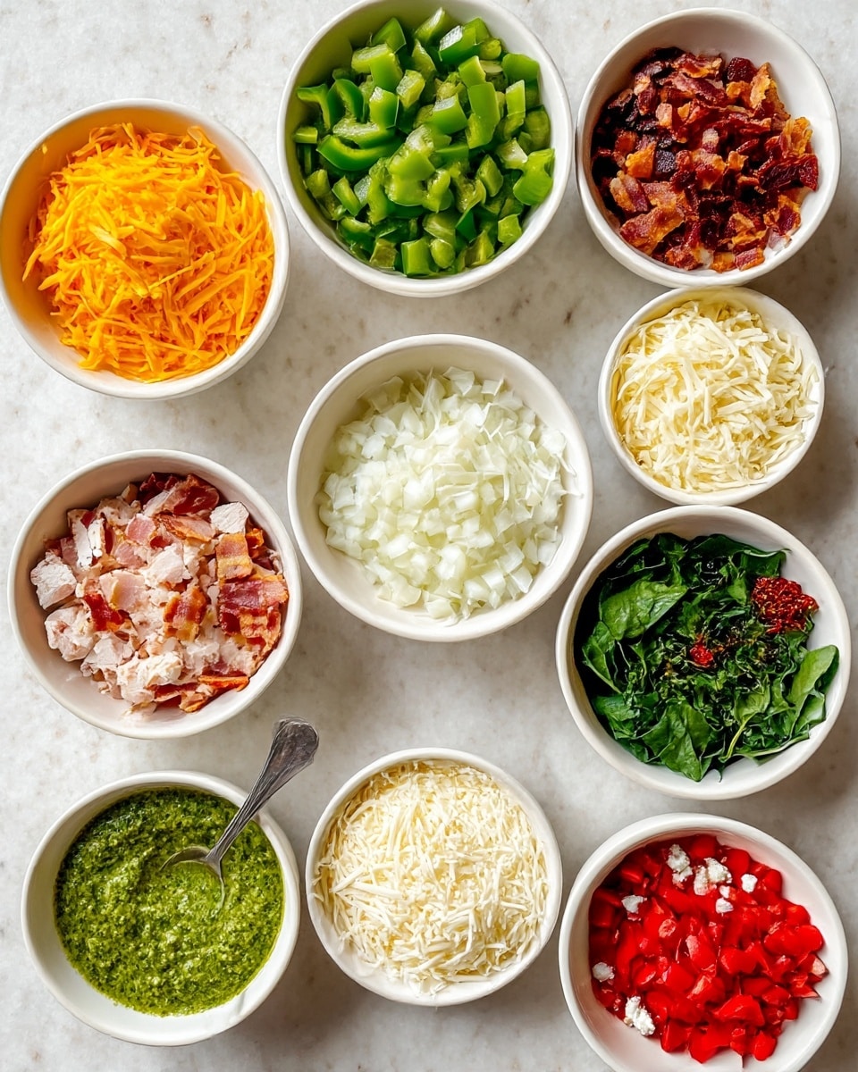 A top view of twelve small white bowls arranged on a white marbled surface, each filled with different chopped or shredded ingredients. Starting from the top left, there is a bowl of shredded cheddar cheese in bright orange, next to it diced green bell peppers, then small pieces of cooked crispy bacon in red and brown tones. Below the cheese is a bowl with diced grilled chicken, followed by finely chopped white onions in the center. To the right, a bowl of shredded mozzarella cheese in white. On the bottom left, shredded mozzarella or similar white cheese, then a bowl with bright green pesto sauce and a silver spoon inside. Next to it, finely chopped fresh spinach leaves in dark green, near diced sun-dried tomatoes in dark red, and next to those is diced red bell peppers. The final bowl at the bottom right holds white crumbled cheese, possibly feta. All bowls are plain white with no pattern; the image is brightly lit and clear. Photo taken with an iphone --ar 4:5 --v 7