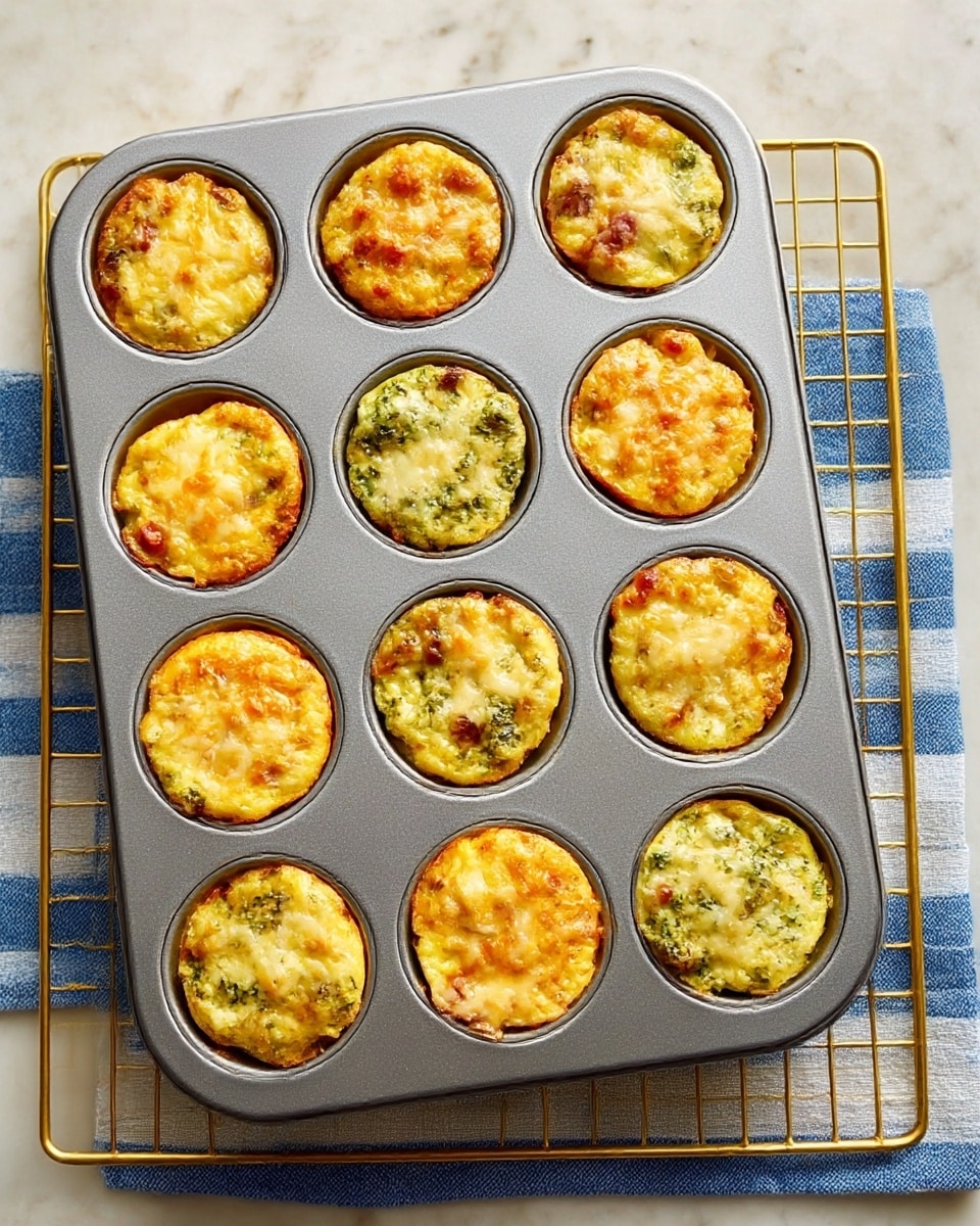 A metal muffin tray holds twelve small egg muffins, each with a golden, slightly browned top showing melted cheese and bits of vegetables or meat. The egg muffins have a soft, puffy texture with colors of pale yellow, orange, green, white, and brown, each slightly different with some spots darker from baking. The tray is placed on a gold wire rack, which lies over a blue and white striped cloth on a white marbled surface. The egg muffins fill each cup fully, creating a rounded top with edges touching the sides of the tray. photo taken with an iphone --ar 4:5 --v 7