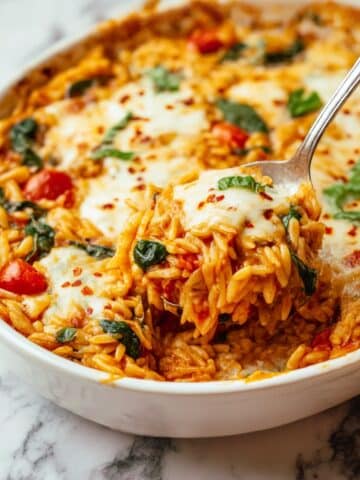 One Pan Tomato Basil Baked Orzo Recipe