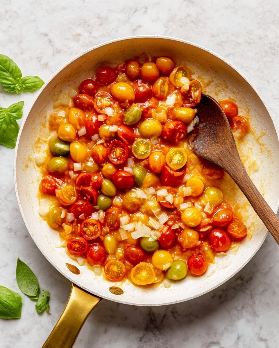 In a white pan with a gold handle, there is a mix of cooked cherry tomatoes and chopped onions. The cherry tomatoes are in different colors: red, yellow, and green, some whole and some halved, creating a colorful layer that covers most of the surface. The onions are small white pieces scattered evenly throughout this layer. A wooden spoon rests on the right side inside the pan, partially covered by the tomato and onion mix. The pan sits on a white marbled surface with a few green basil leaves placed around it. Photo taken with an iphone --ar 4:5 --v 7