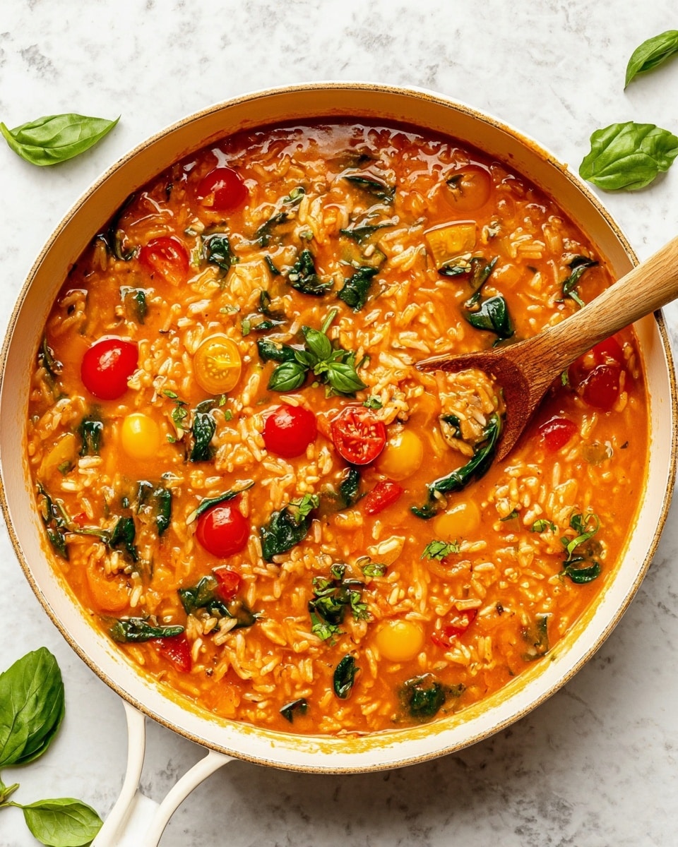 A white pan filled with a thick orange tomato soup mixed with small rice pieces, bright red and yellow cherry tomato halves, and green spinach leaves scattered evenly throughout. A wooden spoon rests on the soup's right side, partially submerged. The pan is placed on a white marbled surface with some green fresh basil leaves around it. The soup has a rich texture with bits of onion and herbs mixed inside. photo taken with an iphone --ar 4:5 --v 7